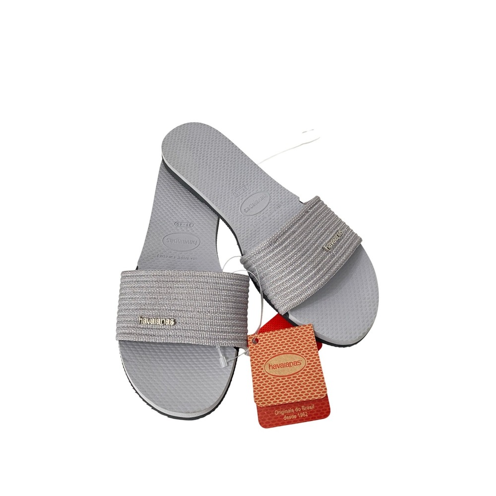 Havaianas You Metallic Slide Sandals Womens 9/10W Steel Grey NEW Brazilian Flat